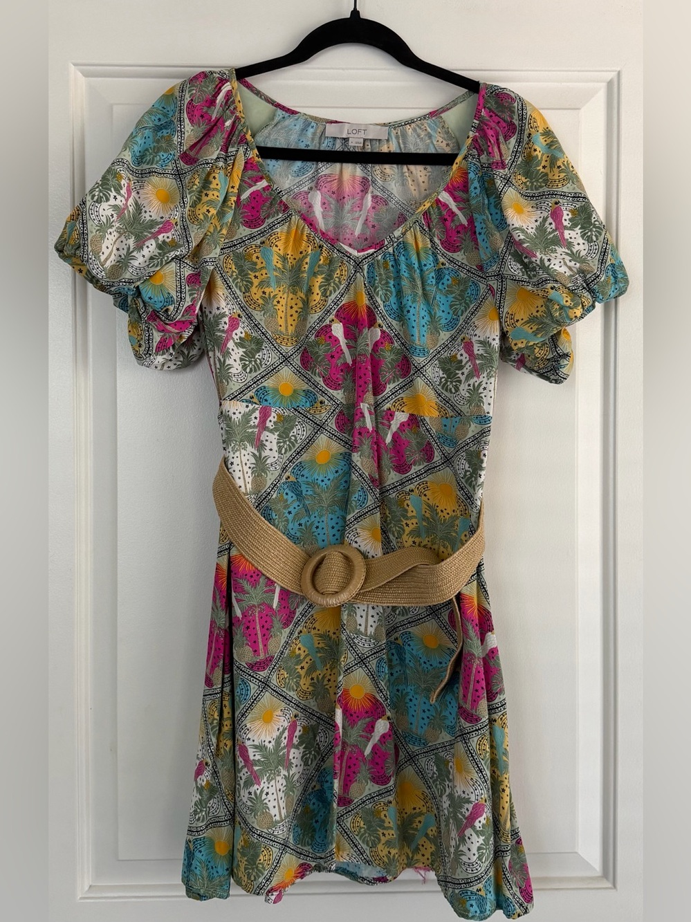 LOFT Palm Raffia Belt V-Neck Midi Puff-Sleeve Dress